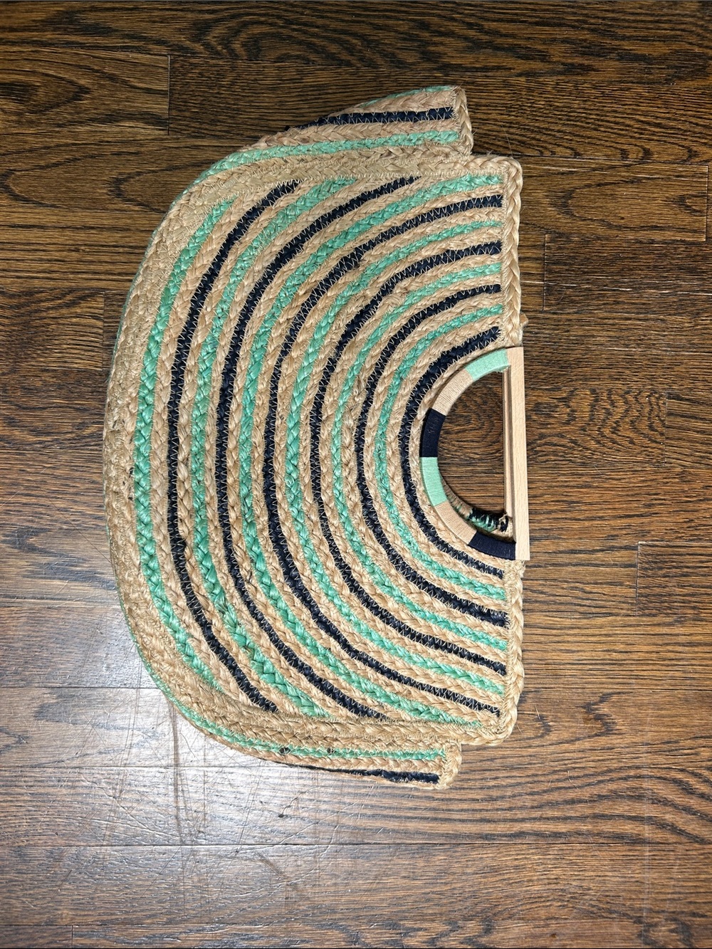 Shiraleah Straw Semi-Circle Clutch with Navy and Mint Stripes